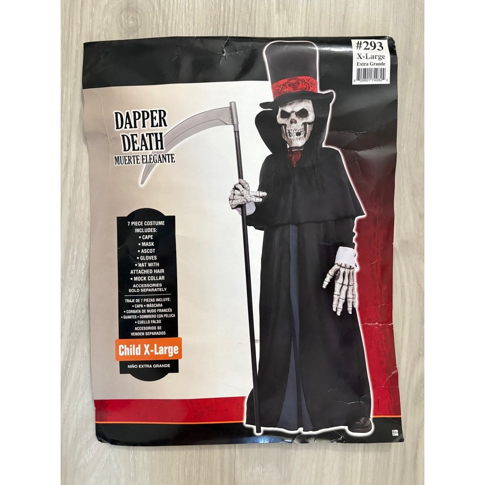 Dapper Death Costume Child Cape Mask Gloves Hat Halloween Boys Size XL